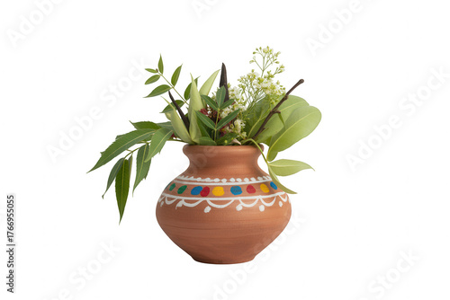 Clay pot with green leaves and Transparent Background white flowers on black background kalash vase