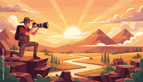 Adventurous photographer kneeling on a rocky outcrop, capturing a breathtaking landscape at sunrise with a winding river, majestic mountains, and a cozy cabin in the distance, rendered in a vibrant