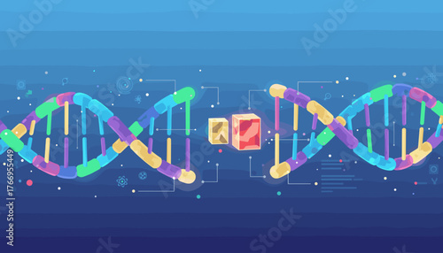 Vivid, abstract, and luminous illustration of a DNA molecule, symbolizing genetic code, gene sequencing, and biotechnology with colorful strands and glowing cubes against a deep blue background with