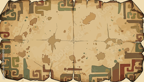Ancient grunge paper texture with tribal patterns and stains, vintage parchment background for graphic design, aged document with torn edges and abstract motifs, weathered surface with a retro feel
