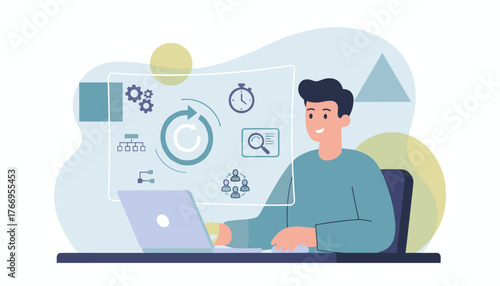 Agile development methodology concept with a person using a laptop and interacting with a futuristic interface displaying workflow, time management, search, and team collaboration icons, representing