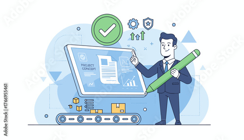 Successful project concept development and approval, a smiling businessman in a suit holds a large green pencil, pointing at a digital tablet displaying charts, documents, and a checkmark
