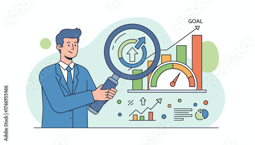 A businessman in a blue suit examines a magnifying glass over a circular graph with an upward arrow, symbolizing performance analysis and key performance indicators (KPIs) in business growth and goal