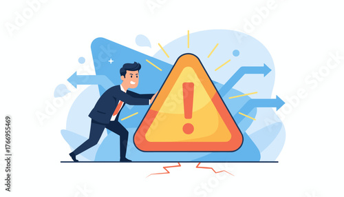 A determined businessman in a suit pushes a large, glowing yellow warning triangle with an exclamation mark, symbolizing risk, danger, or important alert, against a backdrop of blue abstract shapes