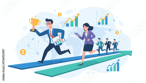 Dynamic business competition illustration featuring a triumphant businessman holding a golden trophy and a businesswoman with a tablet, leading a team forward on upward trending arrows, symbolizing