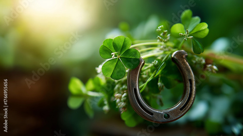 Lucky horseshoe with four leaf clovers no faces visible good fortune Irish luck shamrock symbols prosperity charm lucky symbol traditional blessing fortune attraction gree