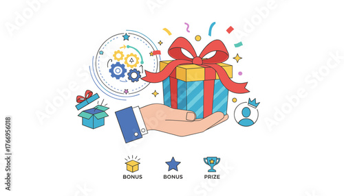 Vivid illustration of a hand presenting a gift-wrapped box, symbolizing reward programs, bonuses, and surprise presents, with gears and icons representing business processes and achievements