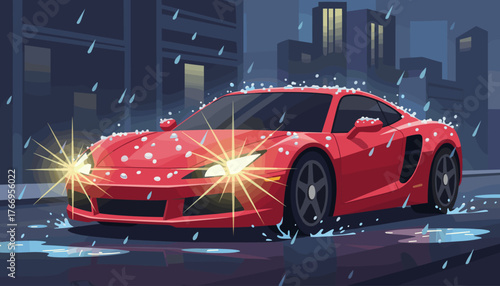 Glistening headlights of a vibrant crimson sports car illuminate the rainy city street at night, with raindrops and splashes creating a dynamic, reflective scene against a backdrop of modern