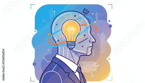 Conceptual illustration of a glowing light bulb inside a businessman's head, symbolizing innovation, creativity, and new ideas in the business world, with abstract technological elements and upward