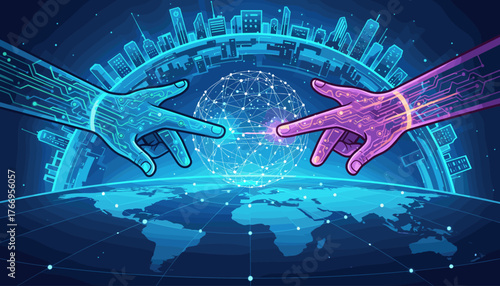 Futuristic digital hands, one cyan and one magenta, reaching out to touch a glowing interconnected globe, symbolizing global network connections, data exchange, and technological advancement against