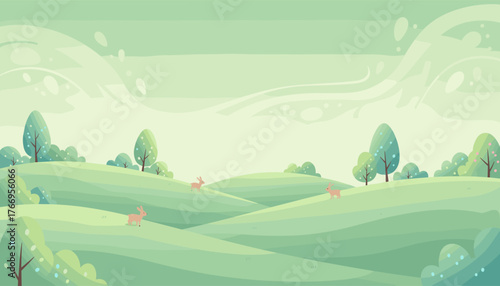 Whimsical pastel green landscape with rolling hills, stylized trees, and small deer grazing peacefully, evoking a serene and idyllic natural environment with a gentle, dreamy atmosphere perfect for