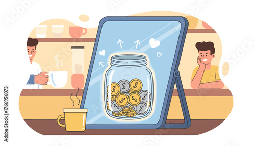 Digital illustration of a glass jar filled with golden and silver coins, reflected on a tablet screen, symbolizing savings and financial growth, with a cafe setting and happy people enjoying coffee
