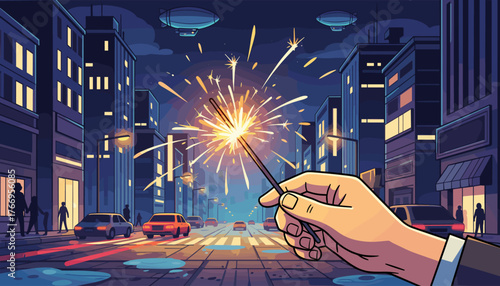 Close-up of a hand holding a brightly glowing sparkler against a backdrop of a bustling city street at night, with illuminated buildings, cars, and zeppelins in the sky, creating a festive and