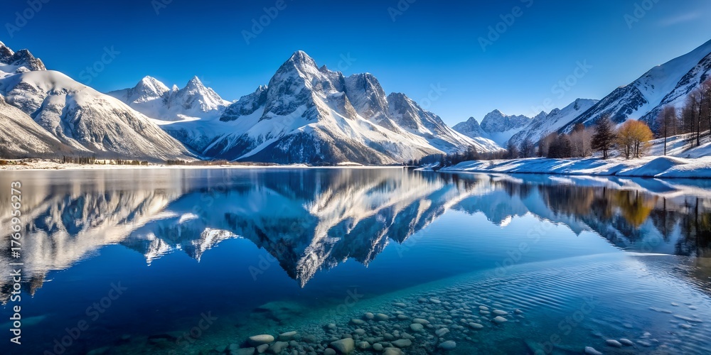 custom made wallpaper toronto digitalMajestic mountains, adorned with pristine snow, stand tall against a clear blue sky, their reflections shimmering on the tranquil lake below, creating a breathtaking winter landscape
