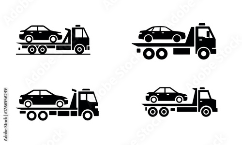 Tow truck icon set carrying car representing vehicle recovery and roadside assistance concept
