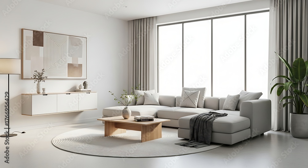 Fototapeta premium Bright and spacious living room with modern furniture, a large grey sofa, and minimalist decor
