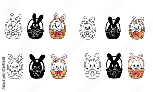 Easter bunny in basket icon set for holiday celebration and spring festival concept
