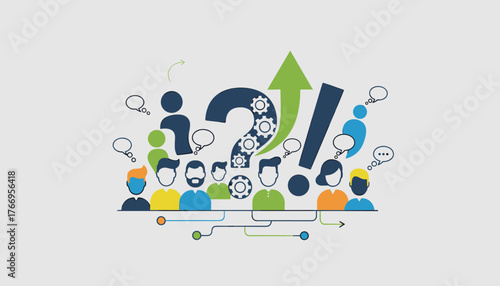Vibrant vector illustration depicting a concept of frequent questions and communication within a diverse group of stylized people, symbolized by a large question mark with gears, an upward trending