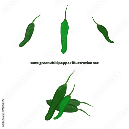 Cute green chili pepper illustration set
