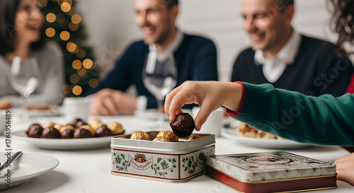 Child reaching for truffle from tin box, emotional holiday candid moment.