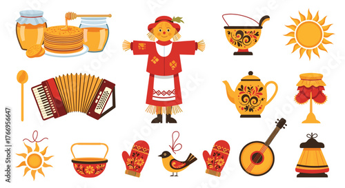 Collection of Russian folk art and cultural symbols on a white background.