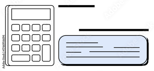 Calculator next to a text box for inputting data or calculations. Ideal for finance, accounting, budgeting, computation, education, financial planning, technology themes. Simple flat metaphor