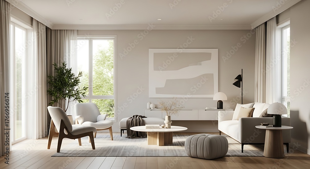 Fototapeta premium Elegant Living Room Interior Design with Natural Light and Neutral Colors