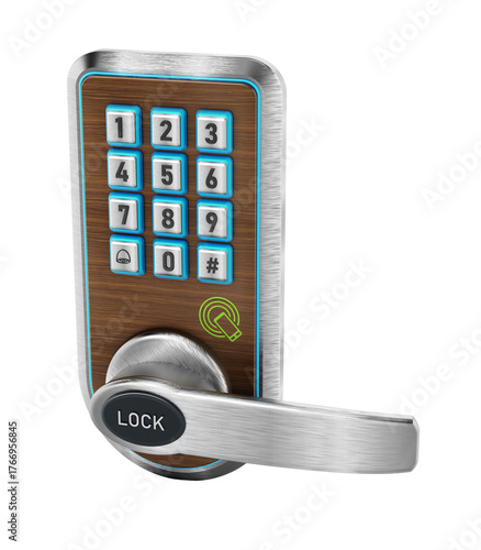 Digital security keypad and knob on transparent background. 3D illustration