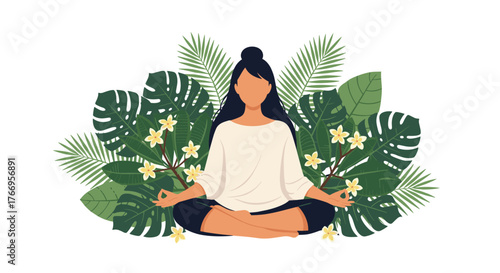 Woman meditating peacefully surrounded by lush green tropical leaves and delicate yellow flowers.