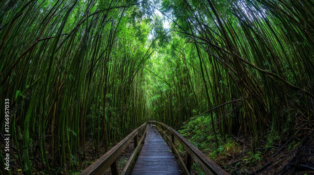 Obraz premium A winding wooden boardwalk pathway through a dense vibrant green bamboo forest canopy