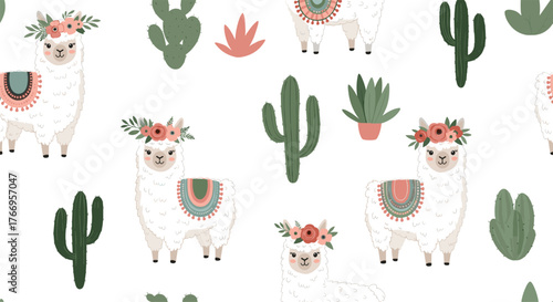 Cute llamas wearing flower crowns and blankets surrounded by cacti and desert plants.