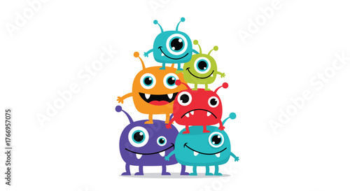 A stack of colorful, cartoon monsters with one eye and antennas, playfully piled on top of each other.