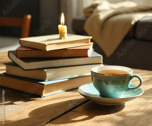 Cozy hygge still life with books, candle and cup of tea on wooden table