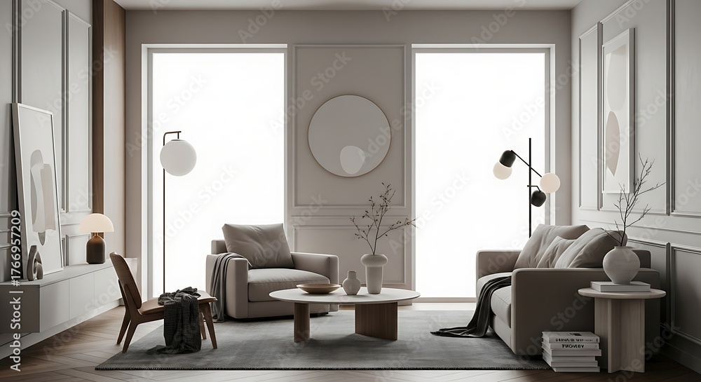 Fototapeta premium Elegant Living Room Interior Design with Neutral Tones and Natural Light