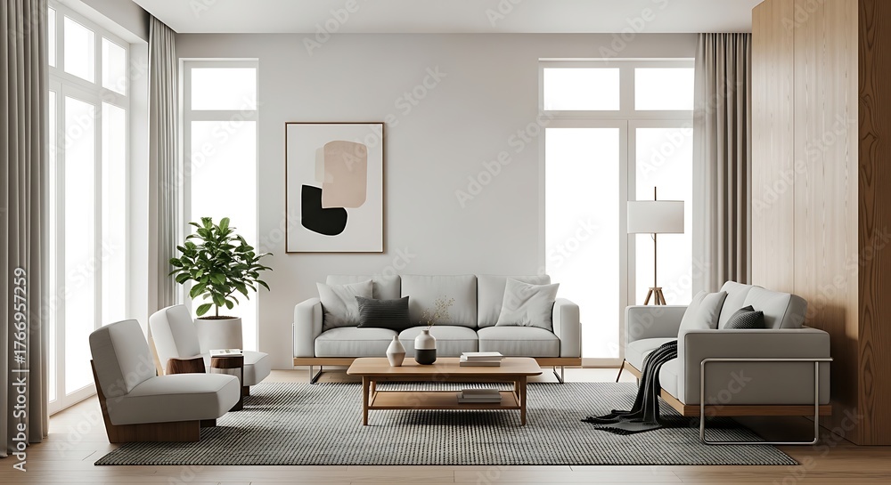 Fototapeta premium Stylish contemporary living area featuring neutral tones, comfortable sofas, and large windows