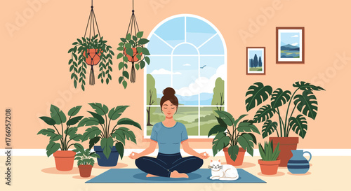 Woman meditating peacefully in a sunlit room filled with lush green plants.