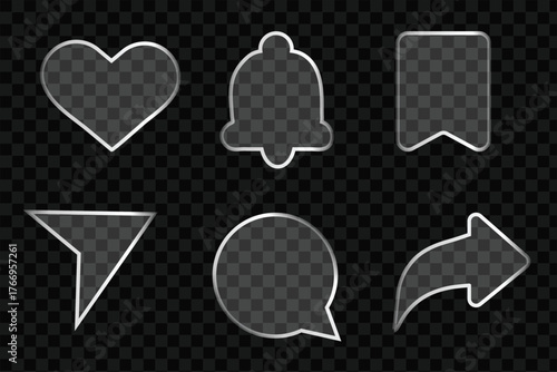 Set of six transparent glass icons with silver outlines on dark checkered background vector