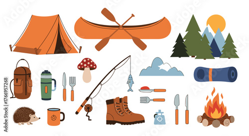Collection of colorful camping and outdoor recreation equipment illustrations.