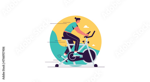 Flat illustration of a person cycling on a stationary bike with a yellow and teal circular background.