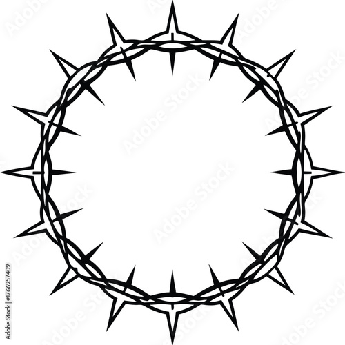 Black circular crown of thorns with sharp spikes and interwoven branches creates a symbolic image