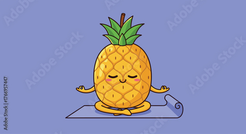 Cute cartoon pineapple meditating on a yoga mat in a peaceful pose.