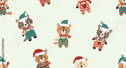 Cute cartoon animals wearing festive Christmas outfits and hats in a repeating pattern.