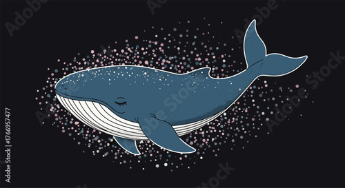 A majestic blue whale with closed eyes swims through a cloud of sparkling pink and blue dust.