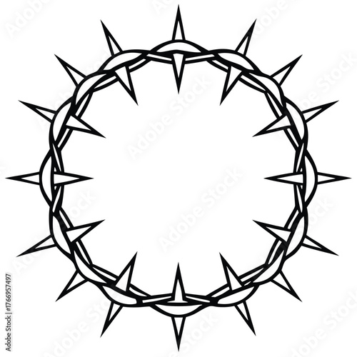 Black silhouette depicts a circular thorny crown with sharp spikes isolated on white