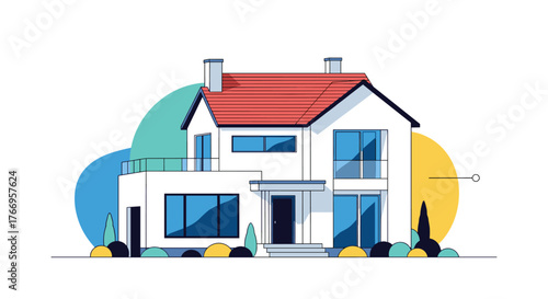 Modern minimalist two-story house with a red roof and blue windows surrounded by abstract shapes and plants.