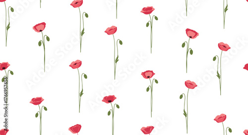 A seamless pattern of red poppies and buds scattered across a white background.