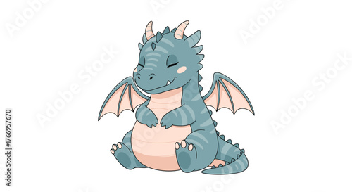 Cute blue dragon with closed eyes and wings tucked in, sitting peacefully on a white background.