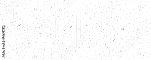 Realistic transparent water droplets, drops, water-drop on wet clear window surface with crystal clarity, fresh liquid texture, bubbles and moisture reflection on clear glass surface for design