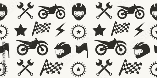 Seamless pattern of black motorcycle racing icons including helmets bikes flags and tools