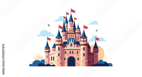 Fairytale castle with tall blue turrets and red flags set against a cloudy sky.